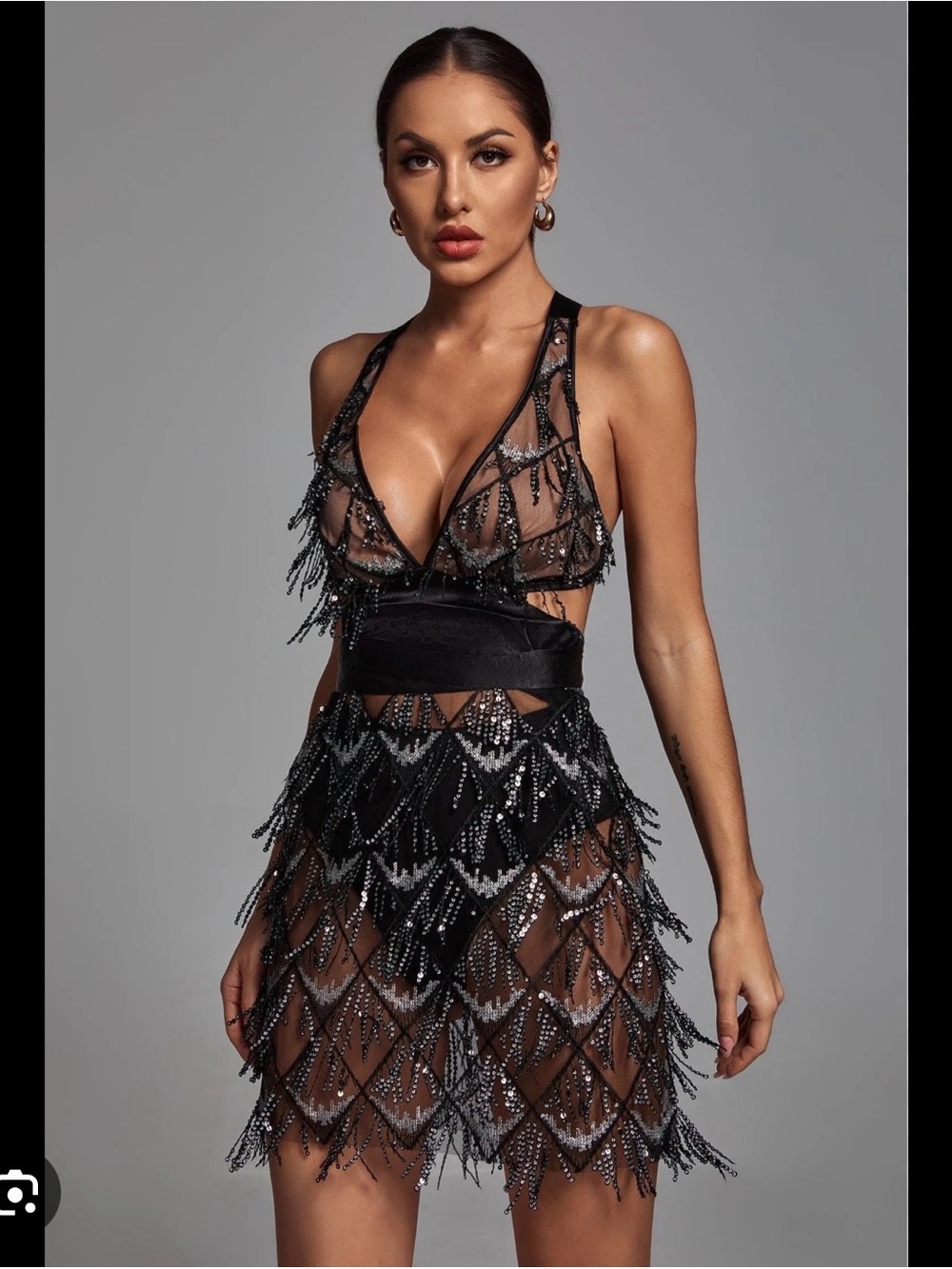 Bella Barnett Sheer Black Fringe Mini Louisa Dress L